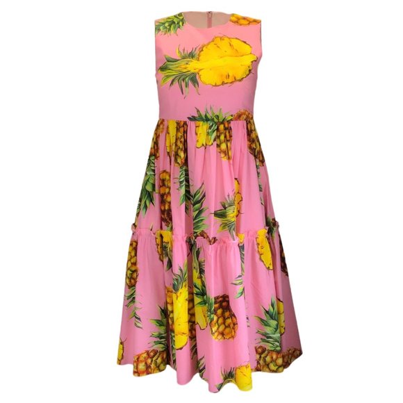 Dolce & Gabbana Dresses & Skirts - DOLCE & GABBANA PINK MULTI PINEAPPLE PRINTED SLEEVELESS COTTON DRESS